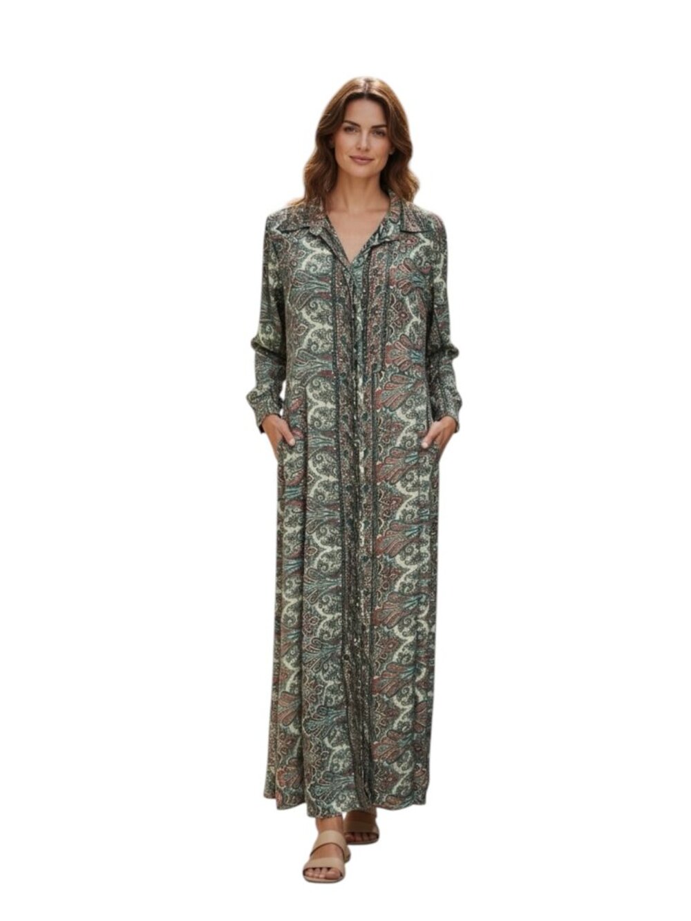 Sophie Atelier Silk Paisley Maxi Dress Boho Long Sleeve Shirt Dress TU India M
